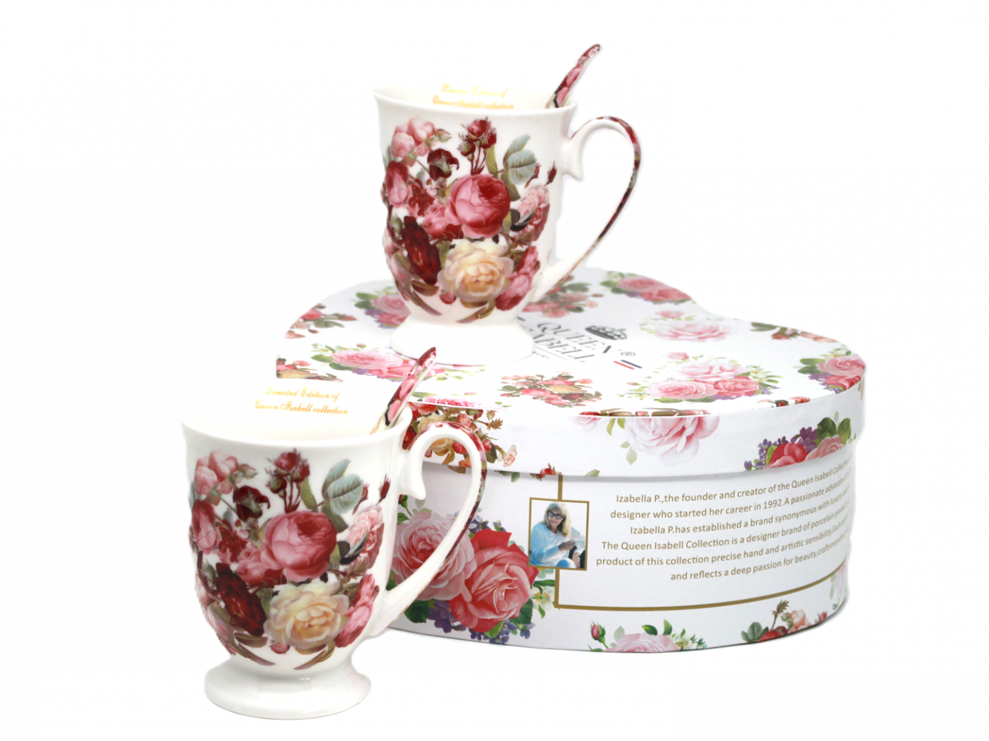 Kubek 300ml Różowe Kwiaty z Łyżeczką/ 2 szt