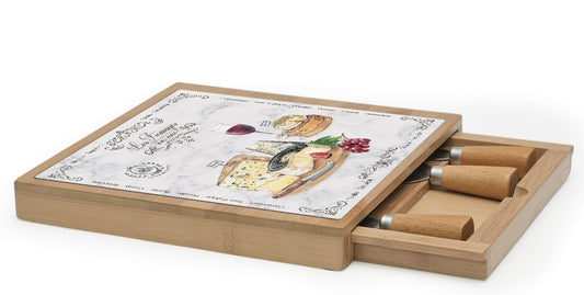 Deska Do Serów Szklana z Drewnem 25x25cm + 4 Noże