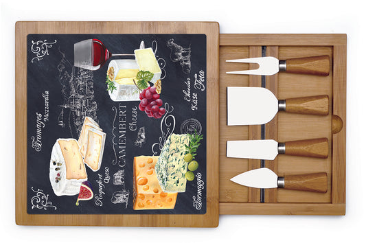Deska Do Serów Szklana z Drewnem 25cm + 4 Noże