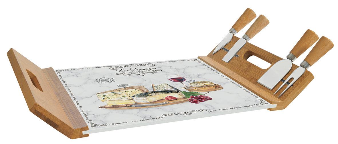 Deska do Serów Szklana z Drewnem 44x28cm + 4 Noże