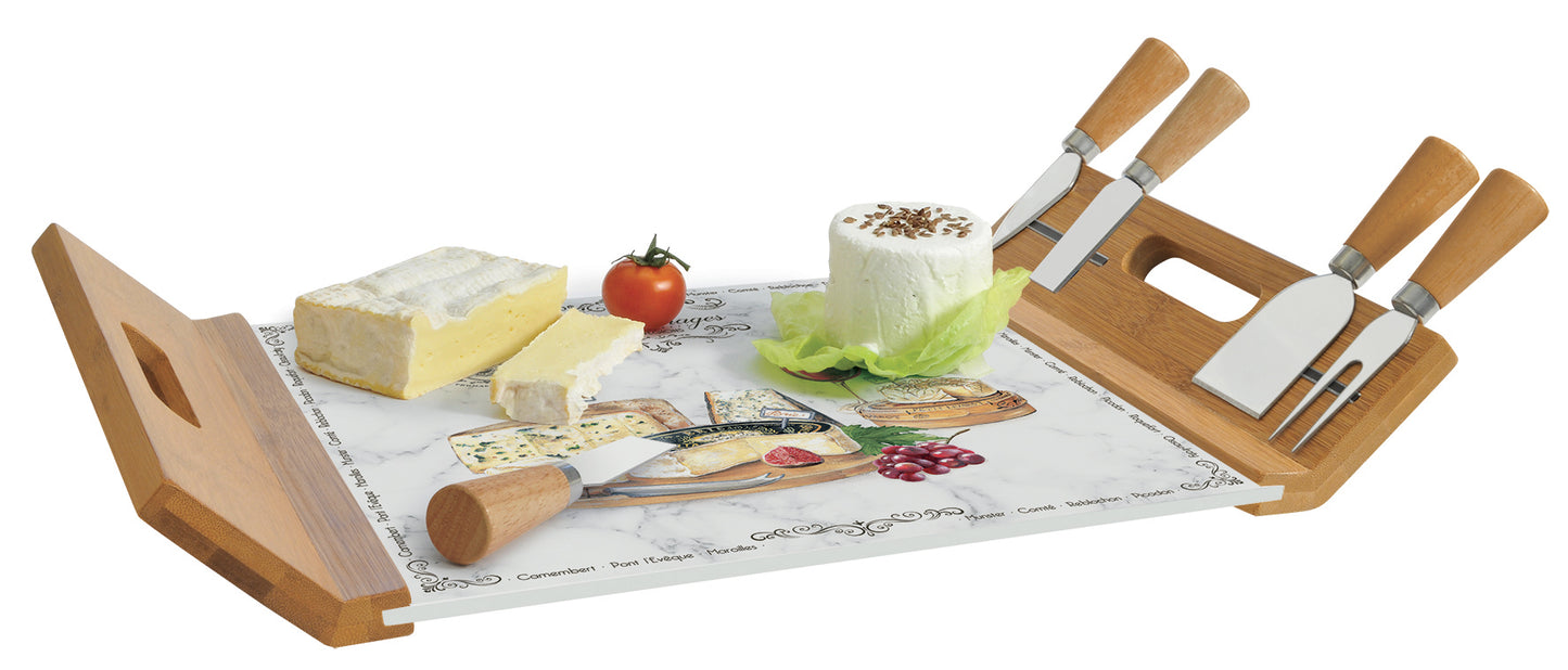 Deska do Serów Szklana z Drewnem 44x28cm + 4 Noże